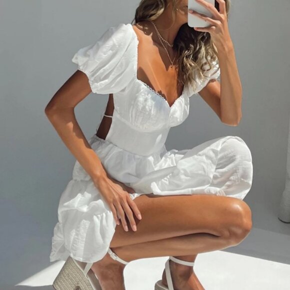 Princess Polly Danny white open back fit and flare tiered ruffled mini dress - Picture 1 of 13